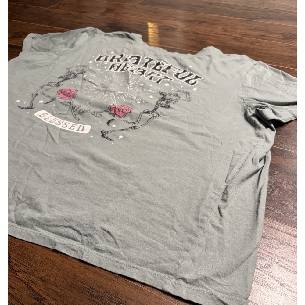 Grateful Heart Blessed Graphic T Shirt 3X Sage Green Boho Skull Skeleton Rose - Picture 4 of 7